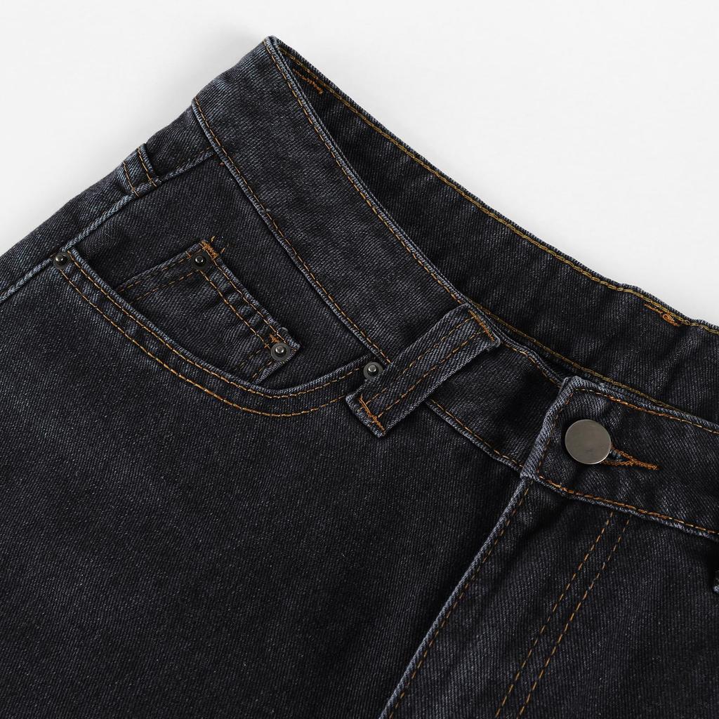 Women Jean High Waisted Trendy Patch Pockets Casual Summer Button Fly Denim Knee Length