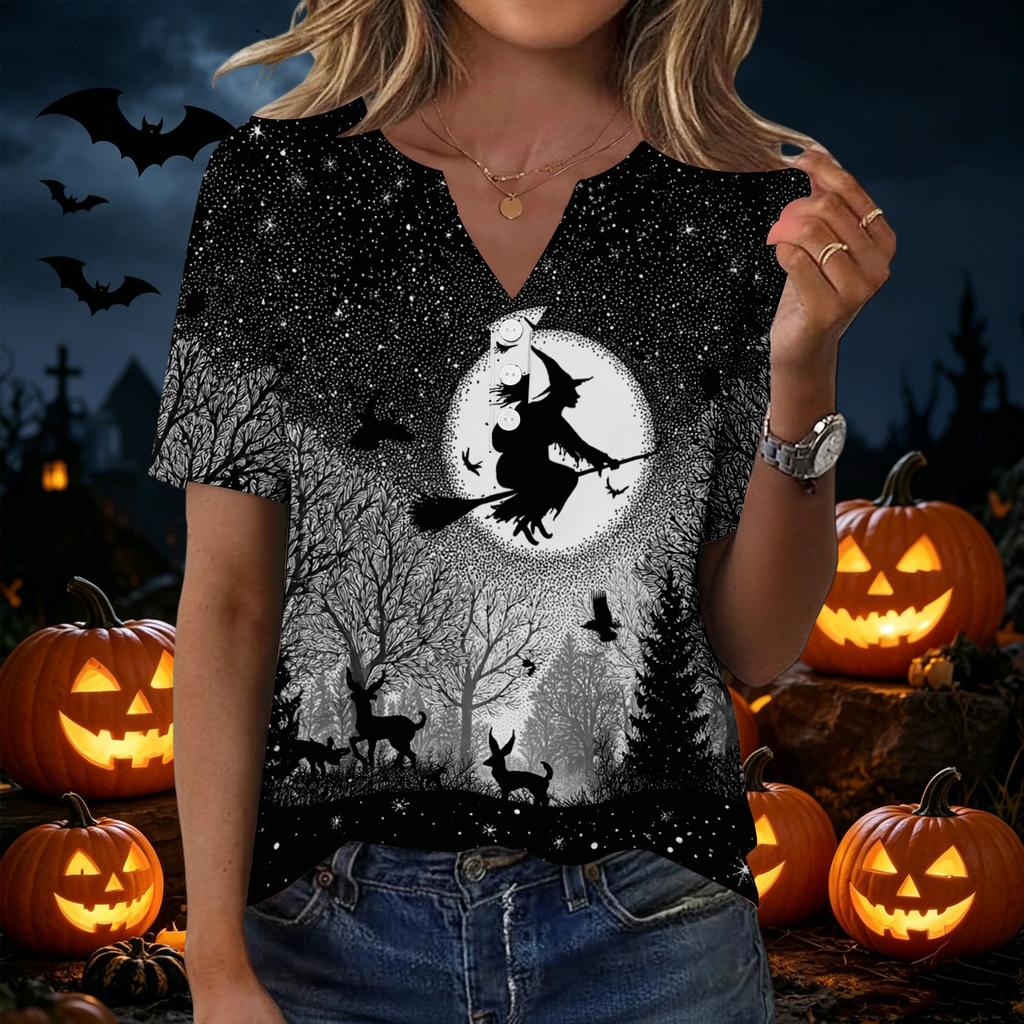 Women Casual Halloween Print V Neck Short Sleeve Button Decor T Shirt Top Lightweight Comfortable Fashionable Design
