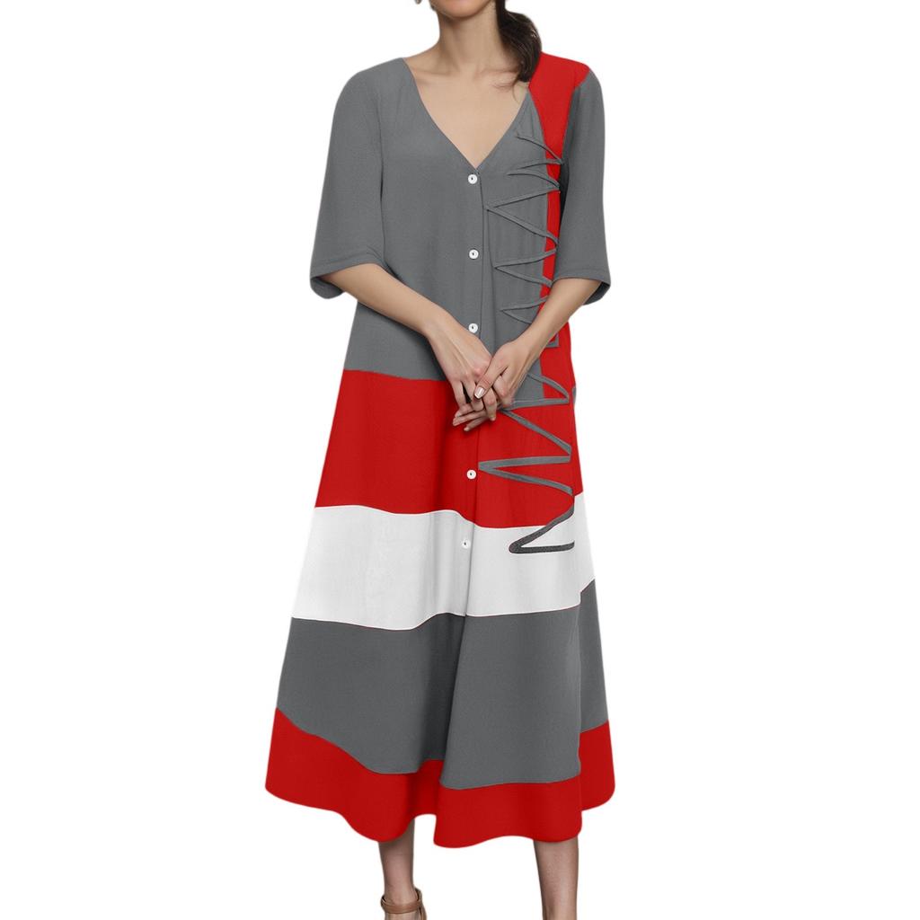 Женское модное платье с V-образным вырезом, короткими рукавами, пуговицами, повседневное, с принтом, длинное