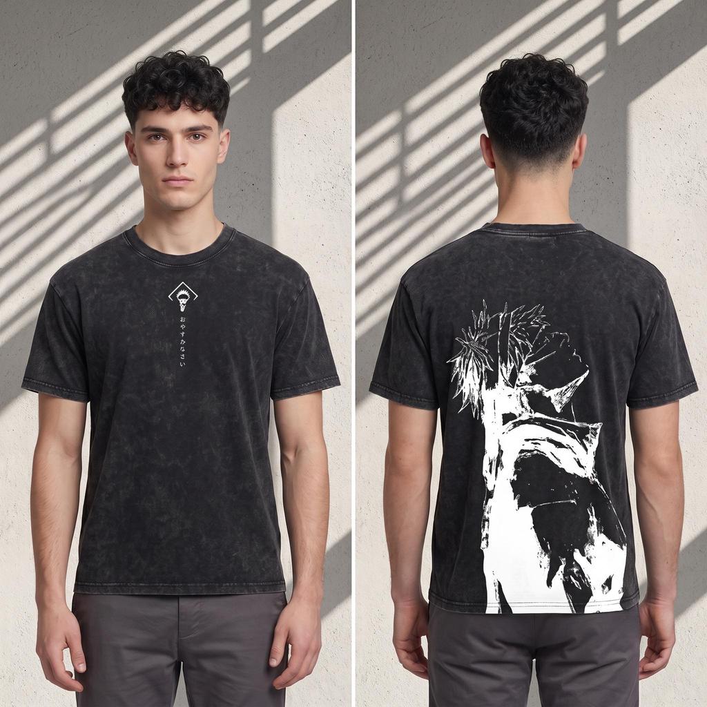 Jujutsu Kaisen Gojo Satoru Washed T-Shirt – Unisex Black Cotton, Loose Fit, Anime Streetwear, Large Manga Graphic on the Back