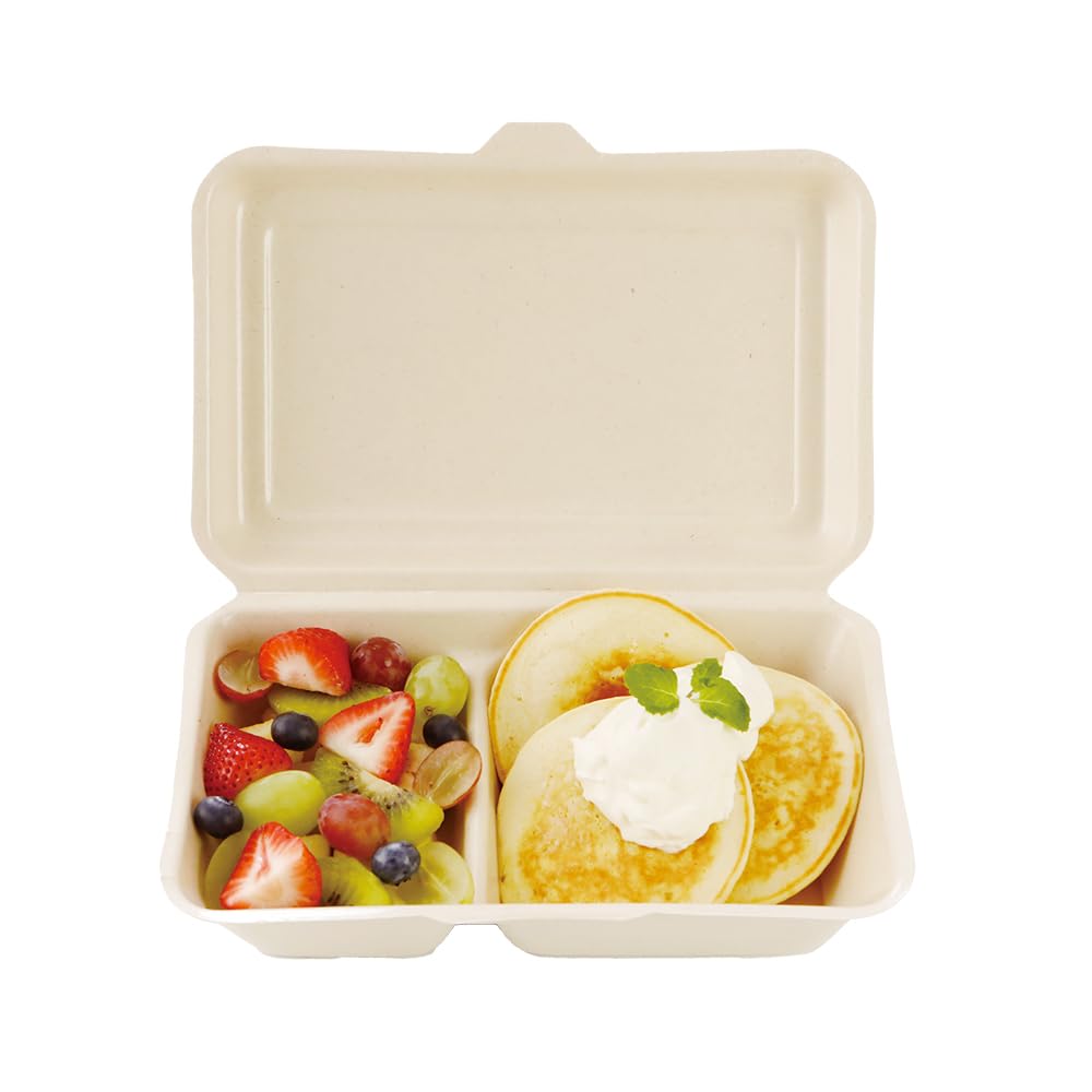 ECO&BASIC Disposable Lunch Box with Laminated Dividers, 1000ml, 50 Dividers Per Box, Microwaveable, Takeout, Made with Unbleached Bagasse, Rice