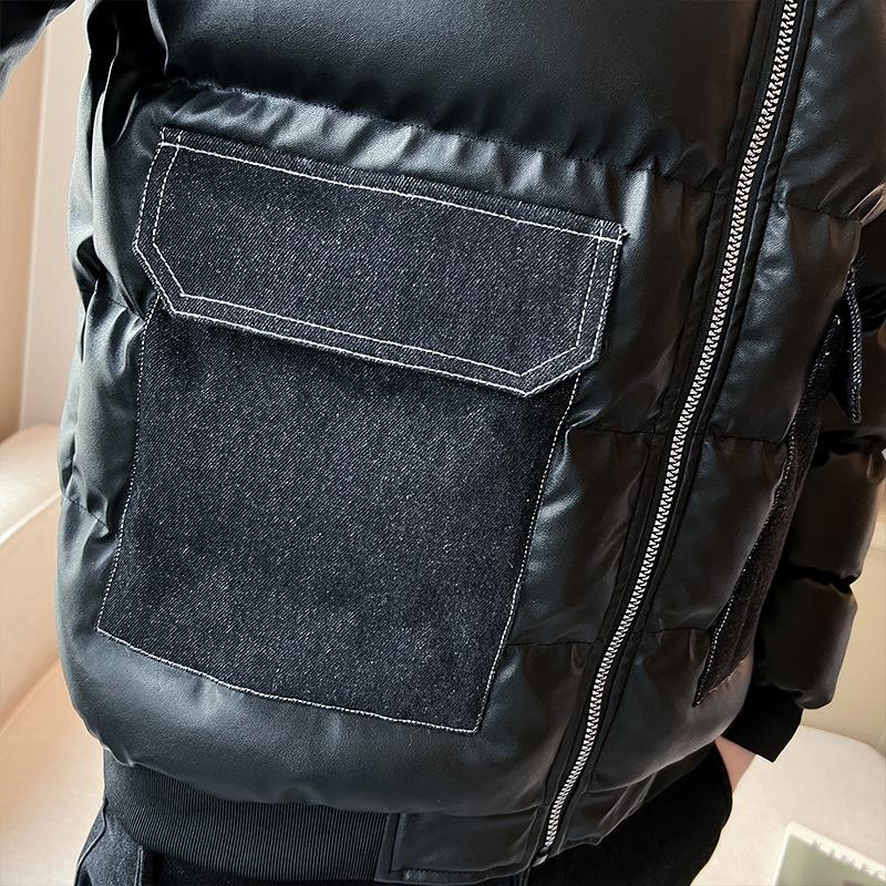 Мужское пальто с хлопковой подкладкой, зимнее, новое, корейский стиль, модная, молодежная, повседневная, утолщенная, большого размера, с воротником-стойкой, кожаная куртка с хлопковой подкладкой