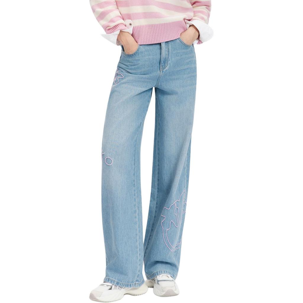PINKO Love Bird Light Blue Pink Line Embroidered Long Pants Sweet Cool Versatile Slightly Stretchy Straight Leg Washed Wide Leg Jeans PAF261358371