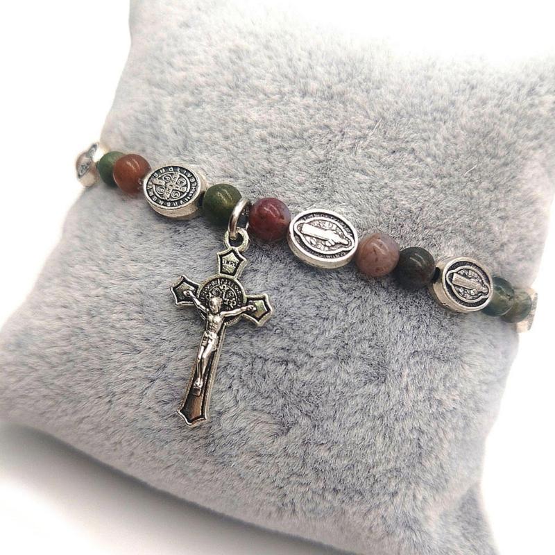 Beaded Stretch Rosary Bracelet with Cross-Charm Catholic Bracelets for Women Girls Religious Rosary Jewelry Wristband