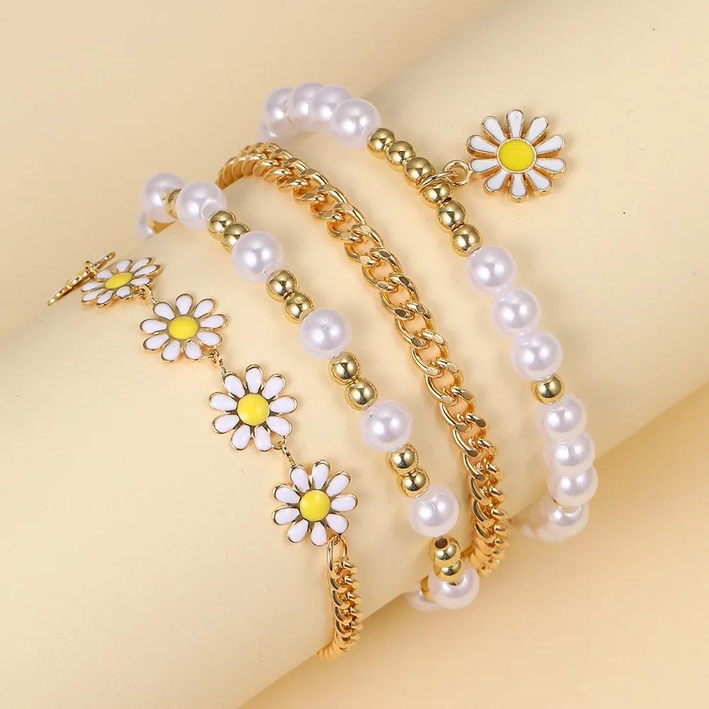 4PC Fashion Daisy Bracelet Imitation Zircon Beads Stainless Steel For Women Handmade Wrist Chain Accessories Zircon Gifts