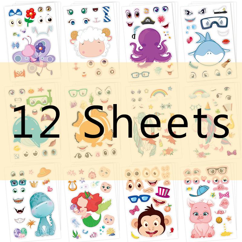 12 Sheets DIY Make a Face Stickers Animal Mermaid Adhesive Waterproof Puzzle Stickers Enlightenment Games Cute Gift Boy Girl ZYF