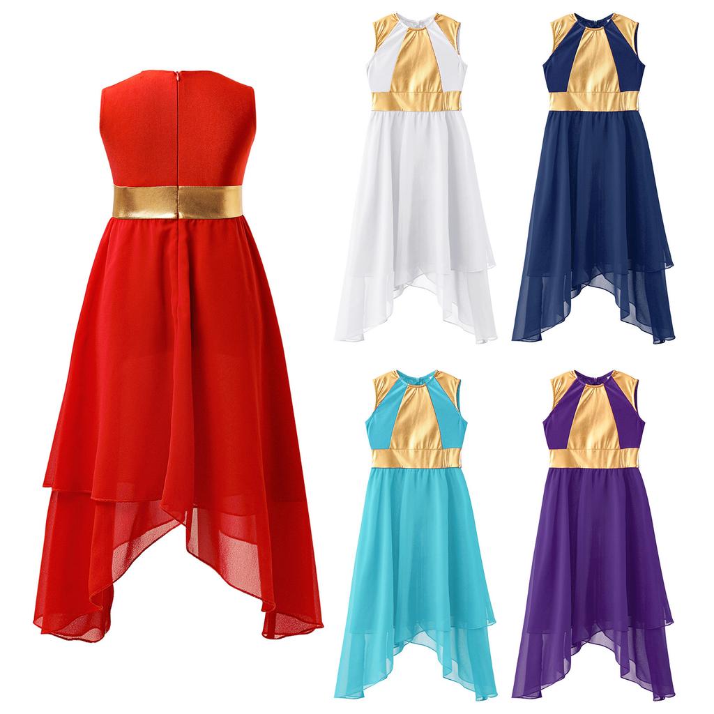 Детское блестящее асимметричное лирическое танцевальное платье без рукавов для девочек, балетная танцевальная одежда, костюмы для выступлений