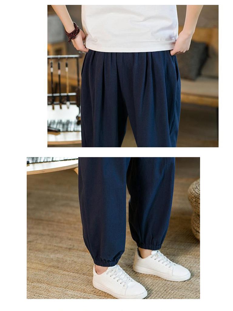2024 Men's Summer Loose Nine-Point Cotton Linen Pants - Japanese Style, Large Size, Solid Color