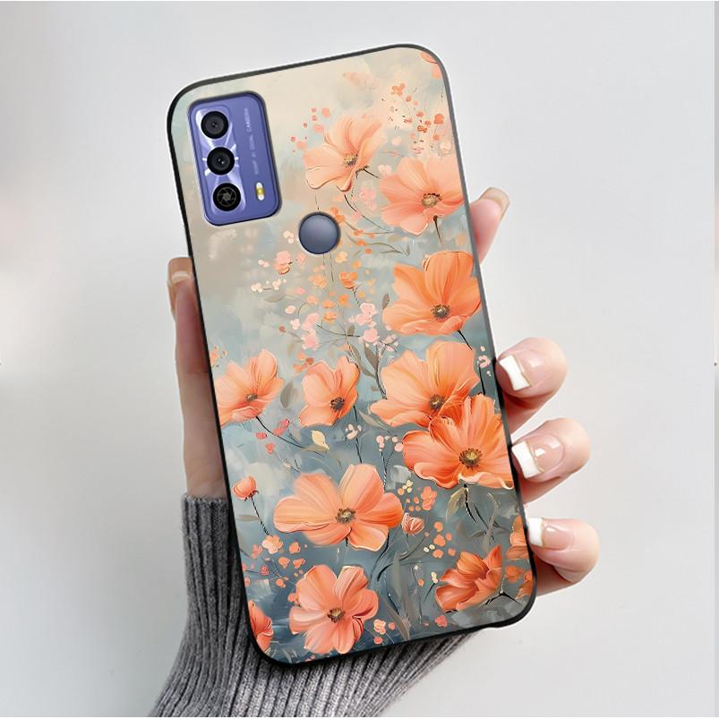 Printing Pattern Case For TCL 20B (6159K) Soft Silicone Black Shell Cover Cute Flower Cartoon Casing