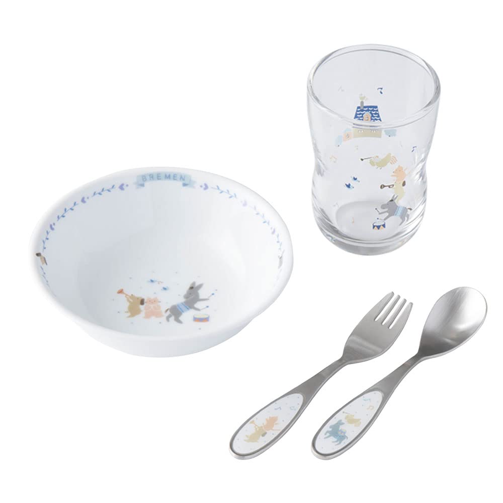NARUMI Bremen Tableware Daily Set Snack Baby Shower First Weaning Made in Children's Set, 4-Piece (Glass, Plate, Spoon, Fork), Gift, Meal, Gift,