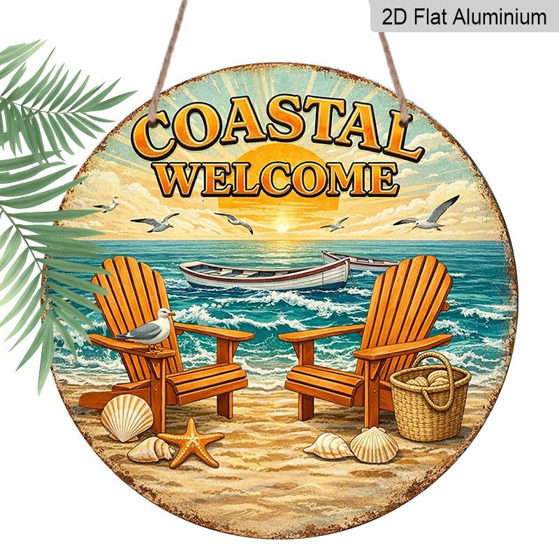 2D Flat, 1pc Round Aluminum Hanging Sign - "Coastal Welcome" Beach Sunset Vintage Metal Wall Art, Retro Ocean Chair & Seashell Design, Perfect for