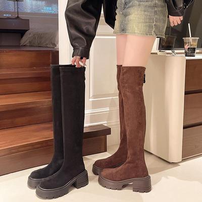 Эластичные сапоги ретро замшевые сапоги 2024 осень и зима новые модели но колено тонкие усовершенствованные тонкие эластичные сапоги увеличенная высота