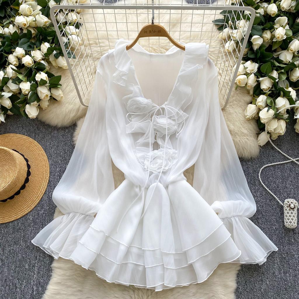 Sweet Pink 3D Floral Beach Short Dress Female Long Sleeves Lace Up Ruffle Chiffon Cake Sundress Sheer Sexy Vintage Bohemian Dress