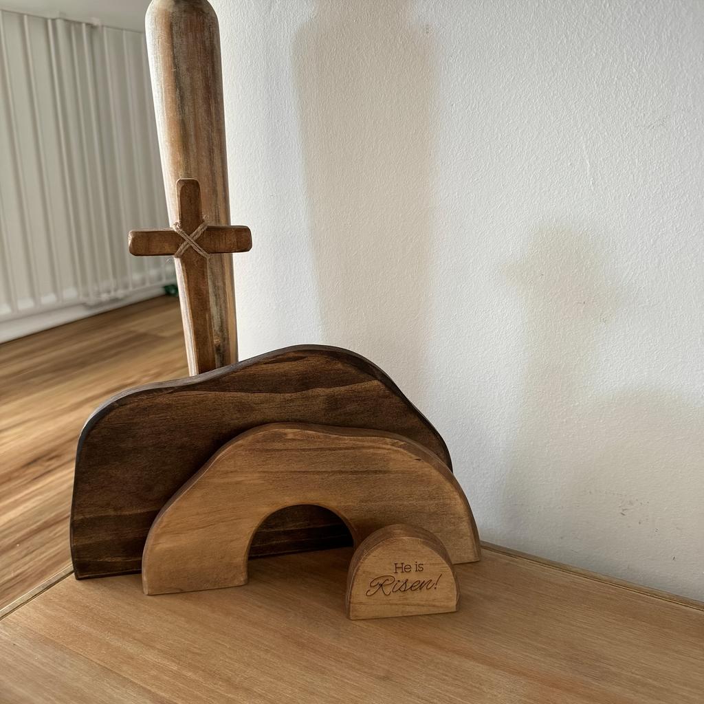 He Is Risen" Wooden Easter Resurrection Scene - Empty Tomb Decor with Cross - Christian Farmhouse Tiered Tray or Fireplace Decoration, Easter Decor