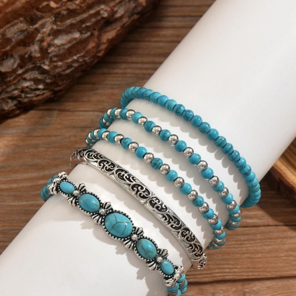 5Pcs Elastic Turquoise Beads Bracelet Bohemian Hand Chain New Beaded Bangles Set Jewelry