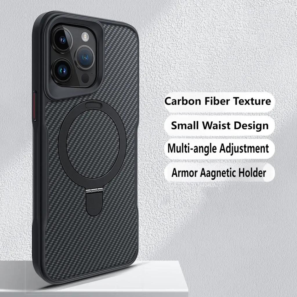 Luxury Simple Invisible Stand Phone Case For iPhone 16 15 14 13 12 Pro Max MagSafe Wireless Charging Carbon Fibre Non-slip Back Cover