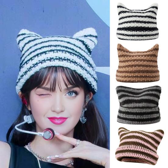 Зимняя женская шапка-кошечка с контрастными полосками и звездами, меховой шарик, декор в виде демона, ветрозащитная эластичная противоскользящая теплая шапка
