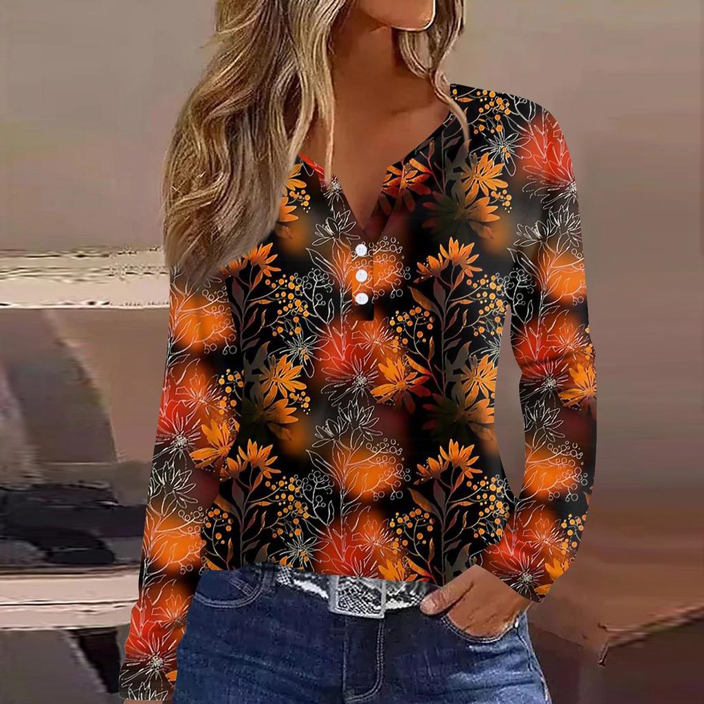 Жен. Футболка Футболка на пуговицах с длинным рукавом Повседневные Выходные Мода Классический Топ с v-образным вырезом Обычный