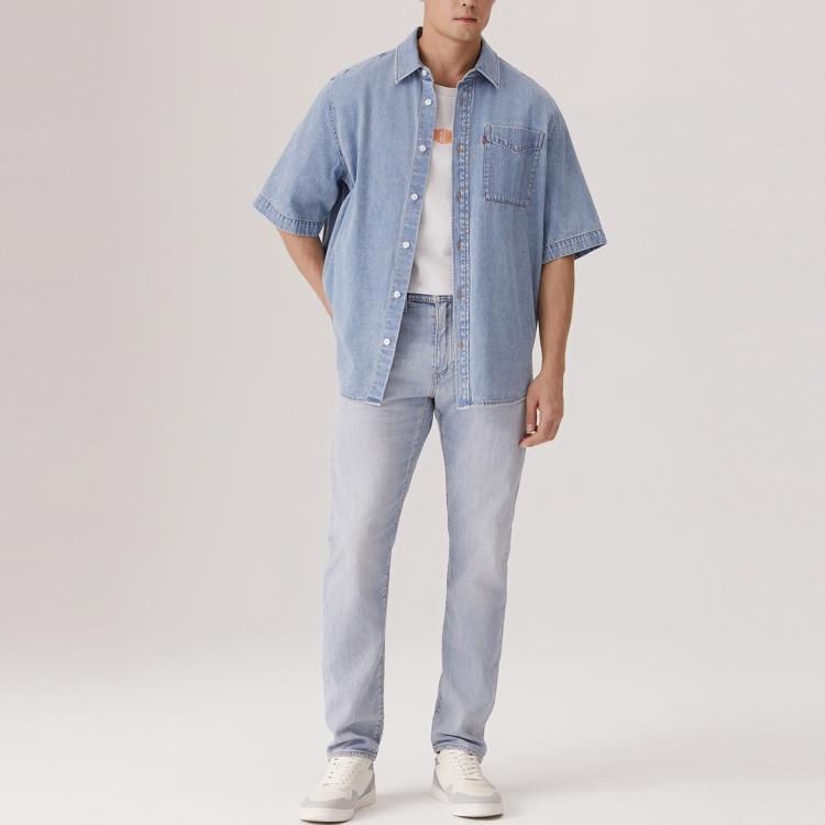Levis Cool Series Свободная Удобная Универсальная Рубашка Поло Джинсовая с Коротким Рукавом Мужские рубашки Синяя 002WR-0001
