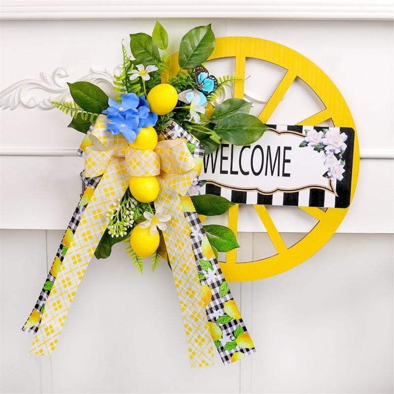 Artificial Spring Wreath with Welcome Wheel, Bowknot Flower Wreath for Front Door, Wedding, Garden Outdoor Decorations