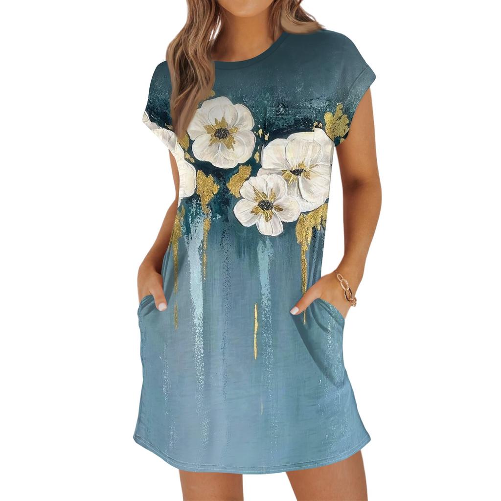Женская мода повседневная летняя винтажная цветочная печать короткий рукав круглый вырез свободное платье с карманами