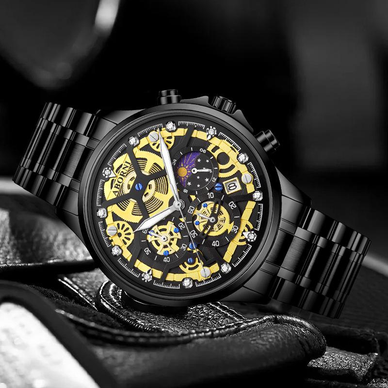 ABORNI Кварцевые многофункциональные мужские часы из стали с хронографом