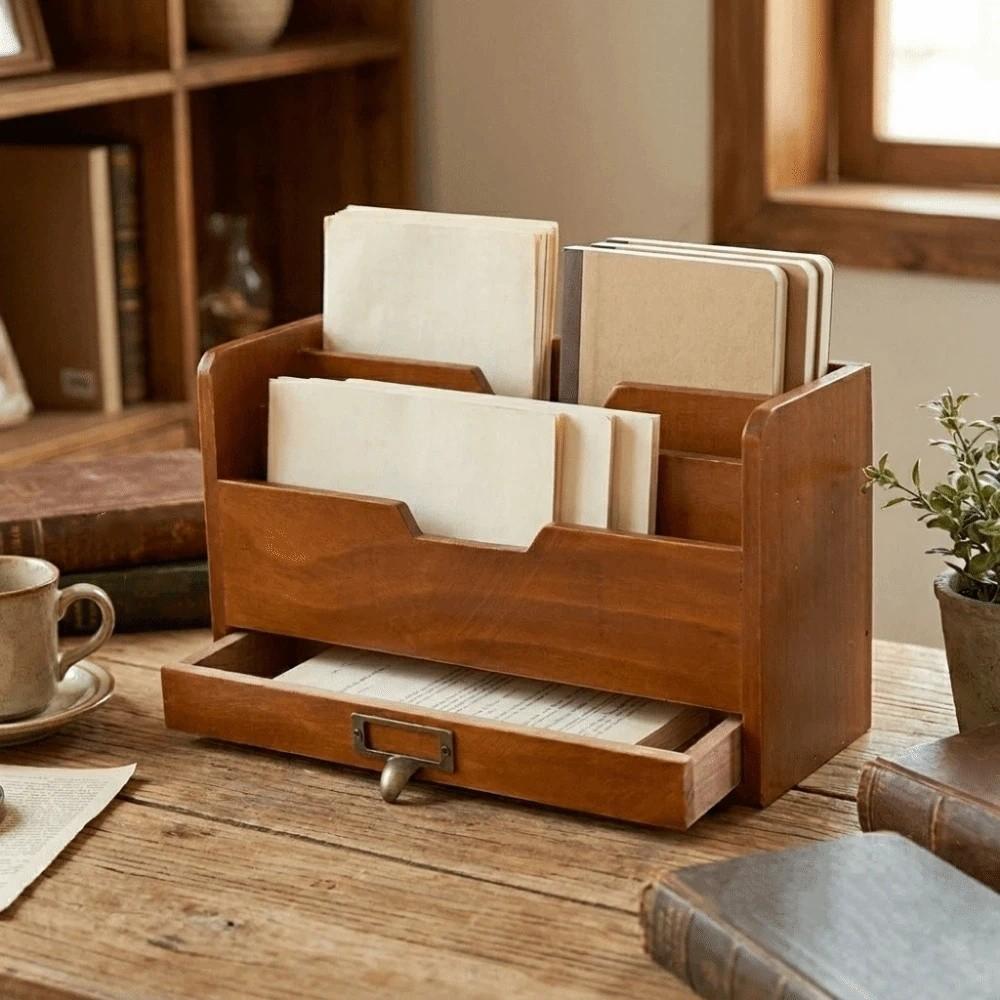 Rustic Desktop Drawer Storage Box Wooden Mail Organizer Stationery Storage Containers  Office Use