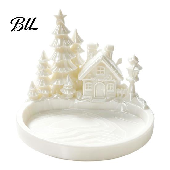 Minimalist Storage Container Christmas Winter Village Jewelry Tray, 3D Printed Snow House Pine Tree Decorative Dish, Matte White Trinket Bowl