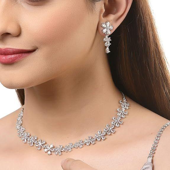 Rhodium Plated Silver Toned White American Diamond Studded Flower Shaped Jewellery Set For Girls and Women