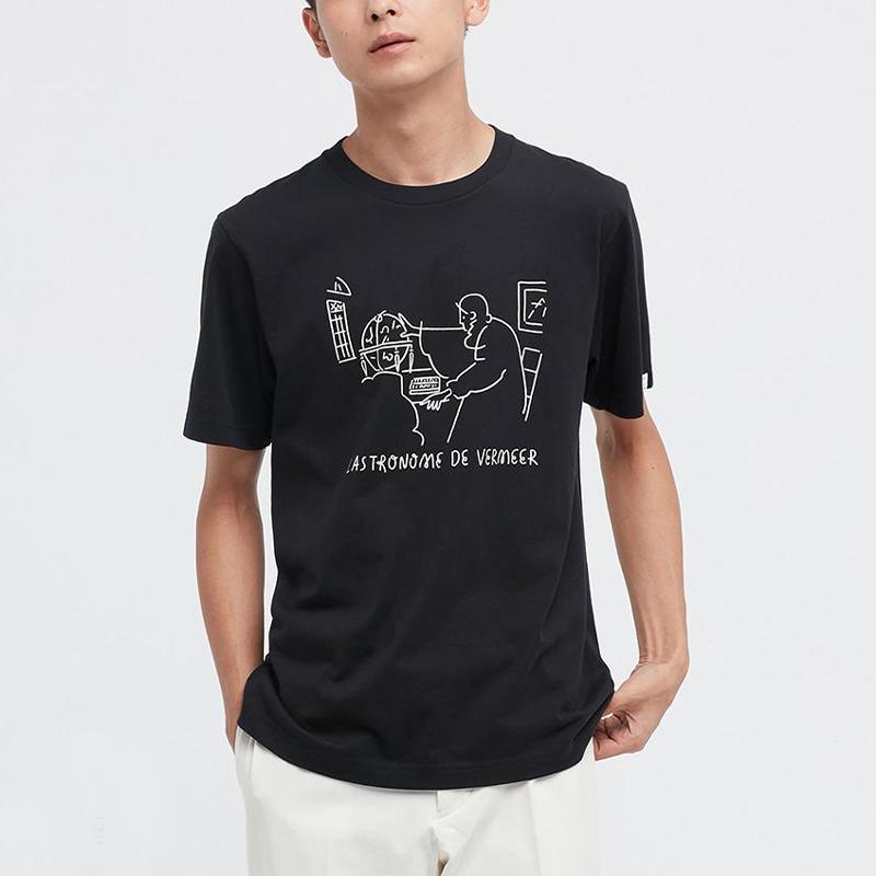 Uniqlo Хлопковая футболка с принтом персонажа, круглый вырез, унисекс, черный 448582-09