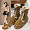 Женские зимние ботинки 2025 года из толстых плюшевых теплых материалов с подошвой толщиной 7 см, модные замшевые ботинки цвета хаки до середины голени для девочек из хлопка