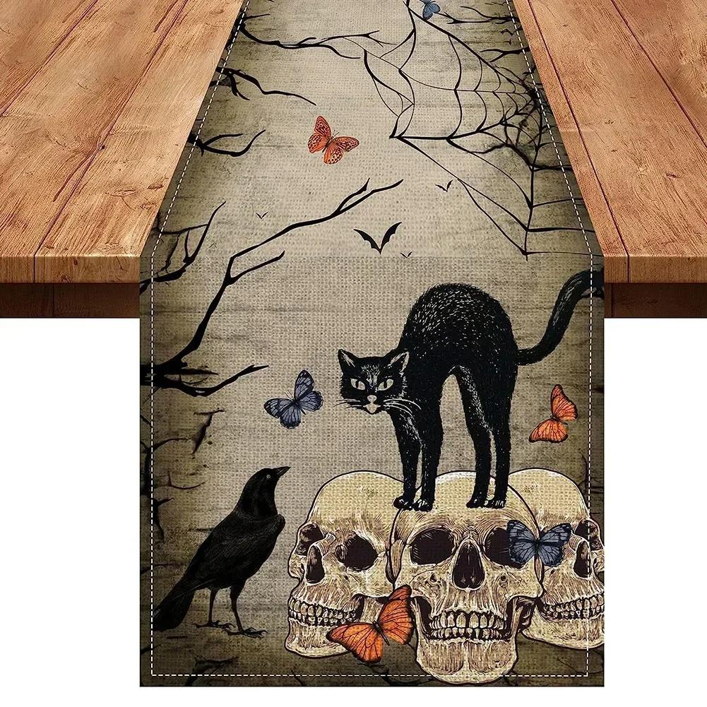 Halloween Table Runner Decoration Placemat Tablecloth Pumpkin Bat Flag Cloth Halloween House Horror Party Scary Decor