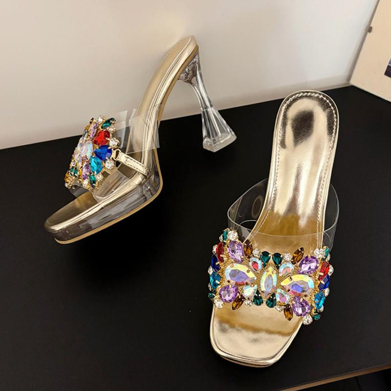 Liyke Summer Transparent High Heels Modern Slippers Women Fashion Colour Diamond Open Toe Party Stripper Shoes Platform Sandals