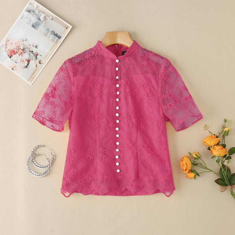 ZANZEA Женская повседневная блузка с воротником-стойкой и коротким рукавом, кружевная вышивка, пэчворк