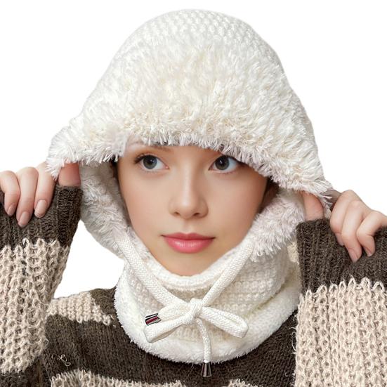 Вязаный головной убор однотонный 3-в-1 женская вязаная шапка шарф защита лица ветрозащитный для катания на лыжах походов на флисовой подкладке зимняя повязка на голову