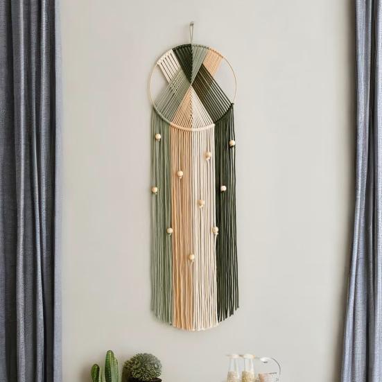 Хлопковый тканый гобелен ручной работы Бохо Деревянные бусины Хлопковая веревка Кисточки Подвесной ловец снов Гостиная Спальня Настенное искусство Подвесное украшение