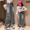 Spring Autumn High Waist Jeans Girl Retro Five Pointed Star Straight Loose Wide-leg Pants Spring and Autumn Baggy Jeans Kids Denim Trousers