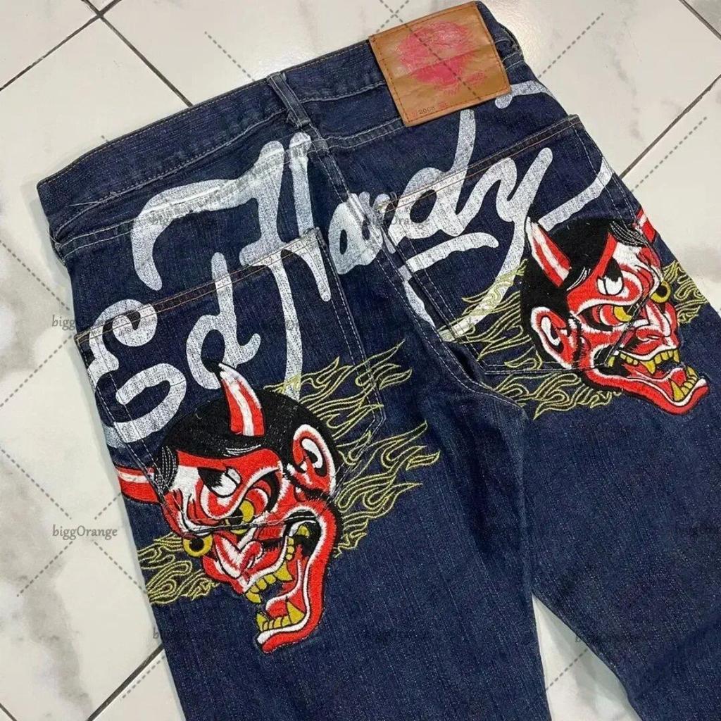 Мужские джинсы Ed Hardy с высокой посадкой, уличного стиля, с вышитой графикой и ретро хип-хоп дизайном