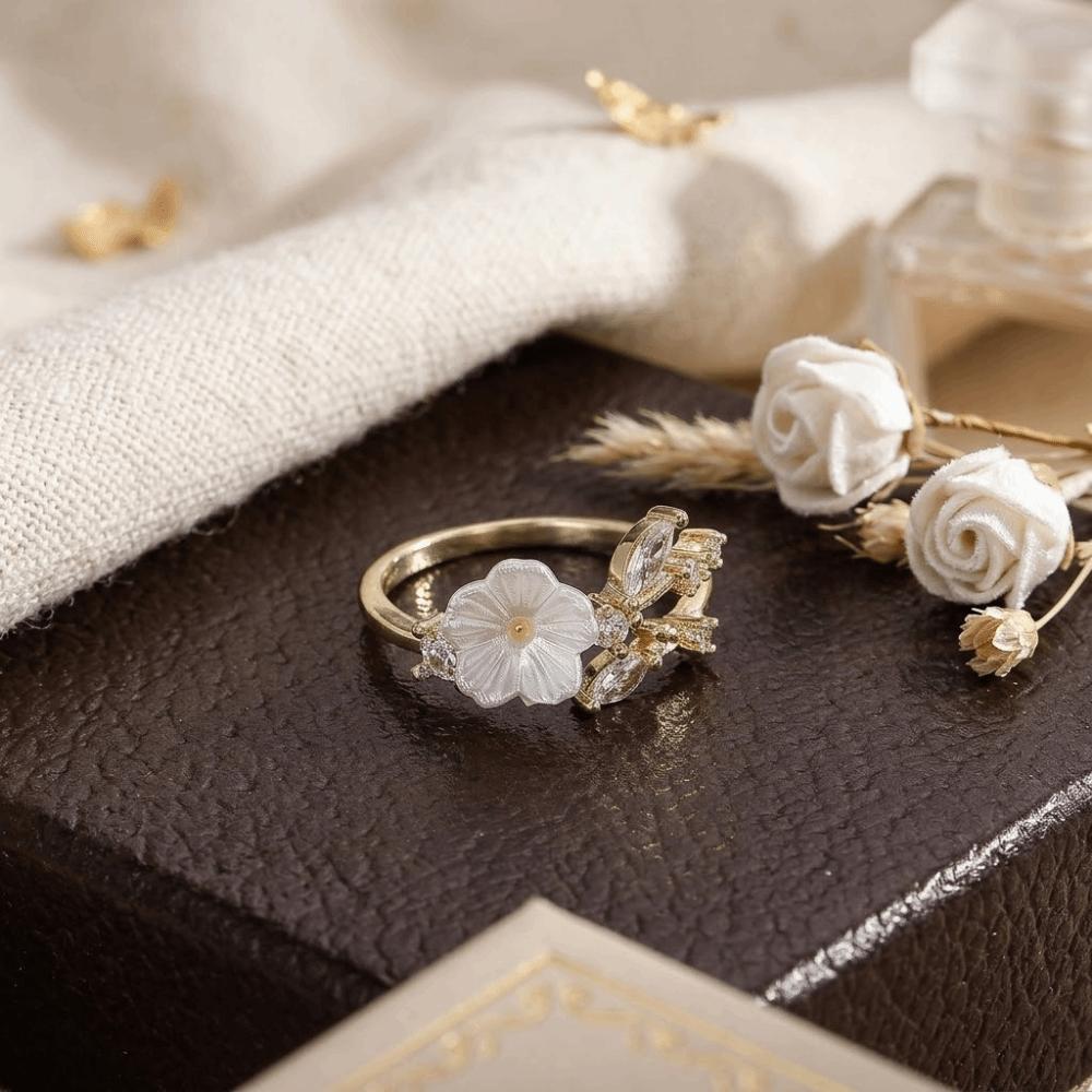 Wedding Flower Crystal Ring Adjustable Zircon Ring Delicate Flower Opening Ring Gifts