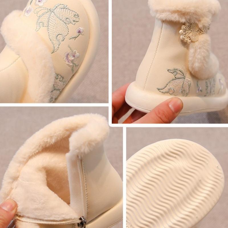 Girls' Traditional Chinese Cotton Shoes with Hanfu Horse-faced Skirt Cotton Boots Exquisite Plush Snow Boots