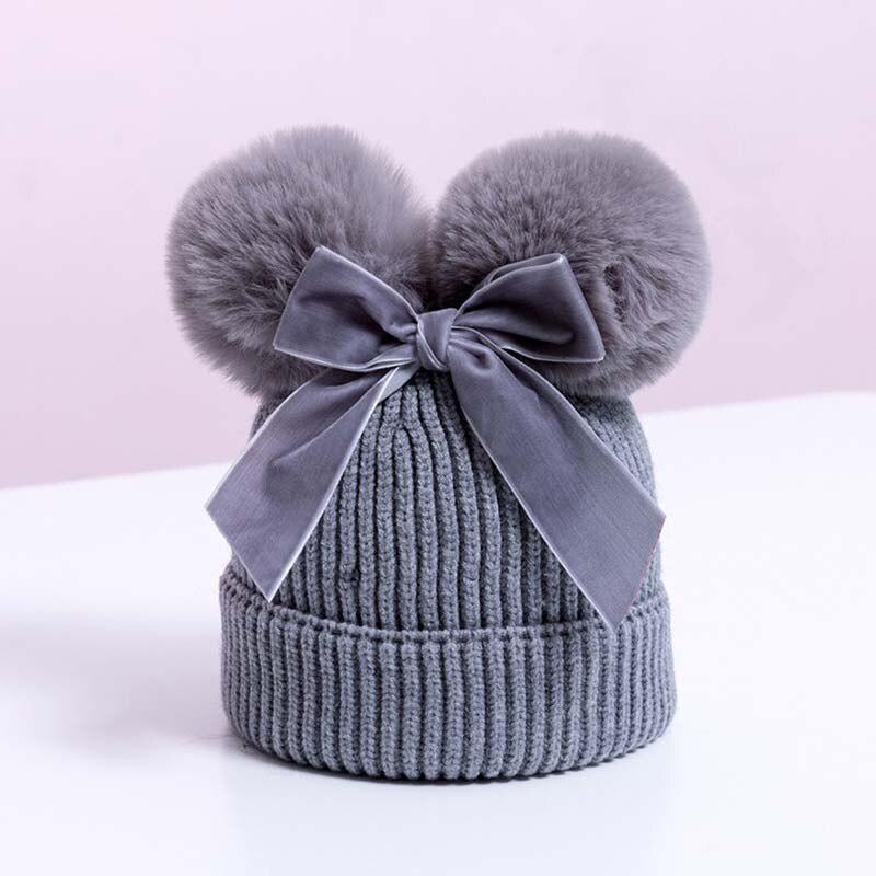 Double Pompom Baby Girl Bonnet Hat Winter Knitted Warm Thicker Children Beanie Cap