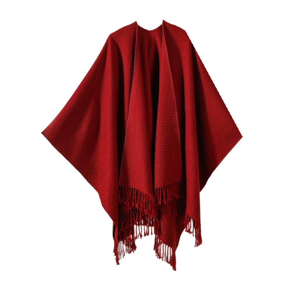 Ladies' Fashionable Single-color Fringed Slit Shawl, Double-sided Three-dimensional Wavy Warm Imitation Cashmere Scarf, Cloak Cardigan