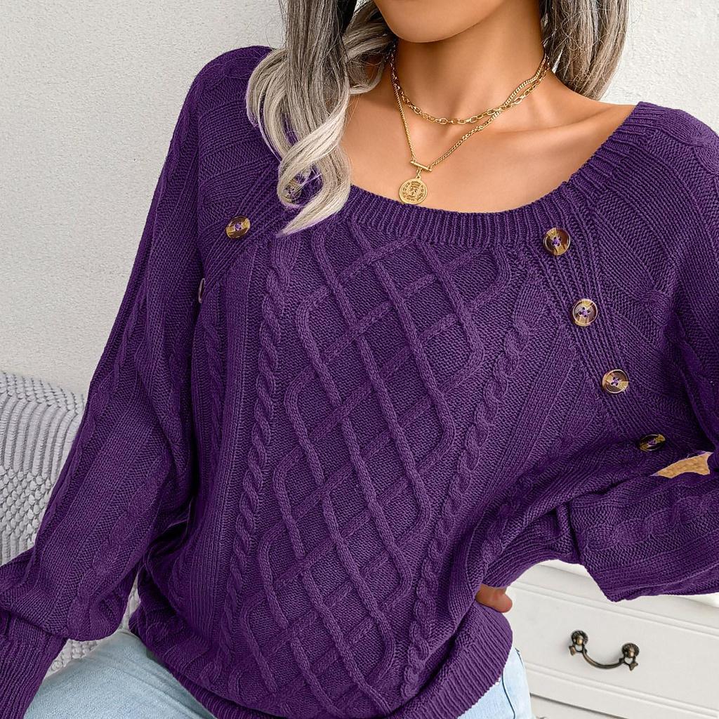 Женский осенне-зимний повседневный вязаный пуловер с квадратным вырезом и пуговицами из жареного теста