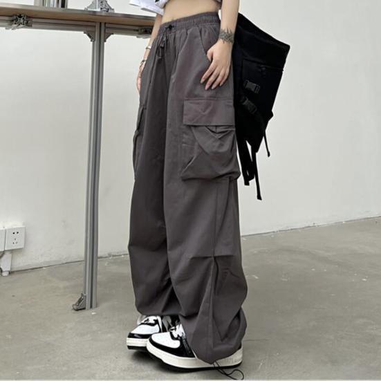 Women Cargo Pants Hip Hop Baggy Solid Color Multi Pockets Elastic Waist Match Top Loose Breathable Lady Trousers