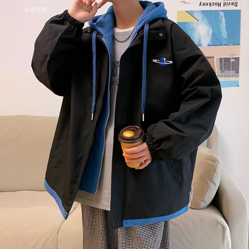 Мужская куртка-двойка, весна-осень, в гонконгском стиле, свободная, модная, с капюшоном, для пары, мужская