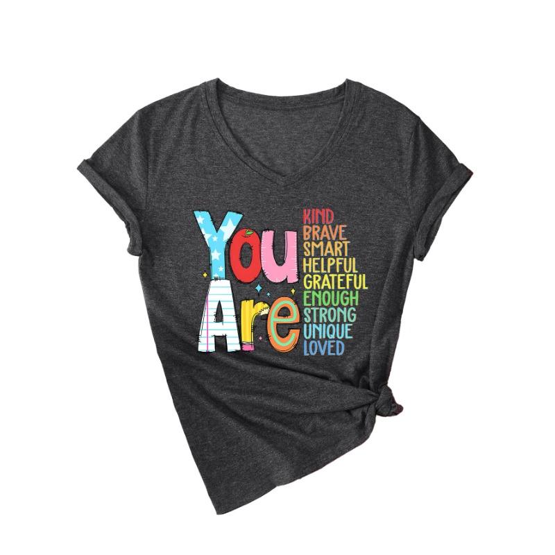 Летний топ с V-образным вырезом и вдохновляющим текстом, модные повседневные женские футболки с коротким рукавом