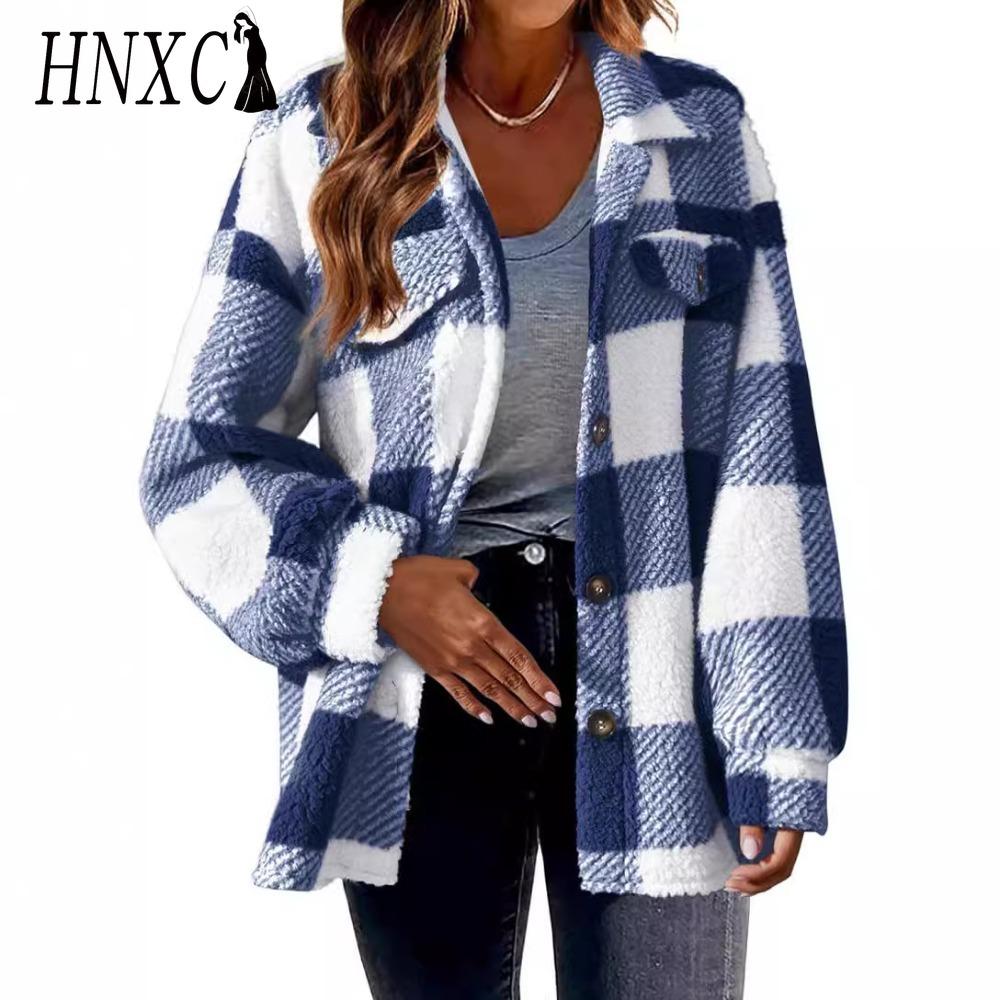 HNXC Женские винтажные повседневные решетчатые куртки и пальто с длинным рукавом и воротником-поло на осень-зиму