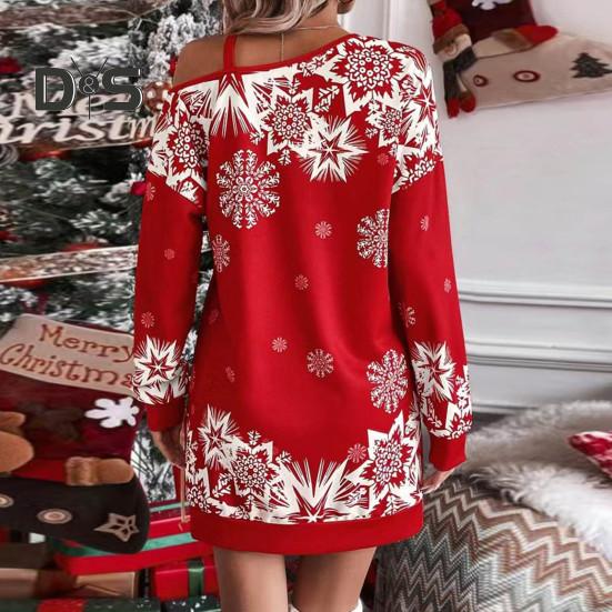 Women Fall Winter Dress Hollow Out One Shoulder Loose Snowflake Print Color Matching Christmas Style Long Sleeve Above Knee Length Mini Dress