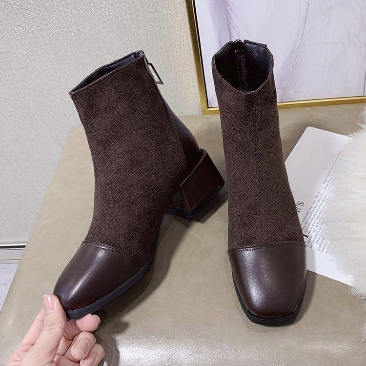 Black Fashion Boots Low Heel Zipper Nude Boots Dark Brown Spring and Autumn Women's Single Boots 35-42 Aunt Short Boots Women's