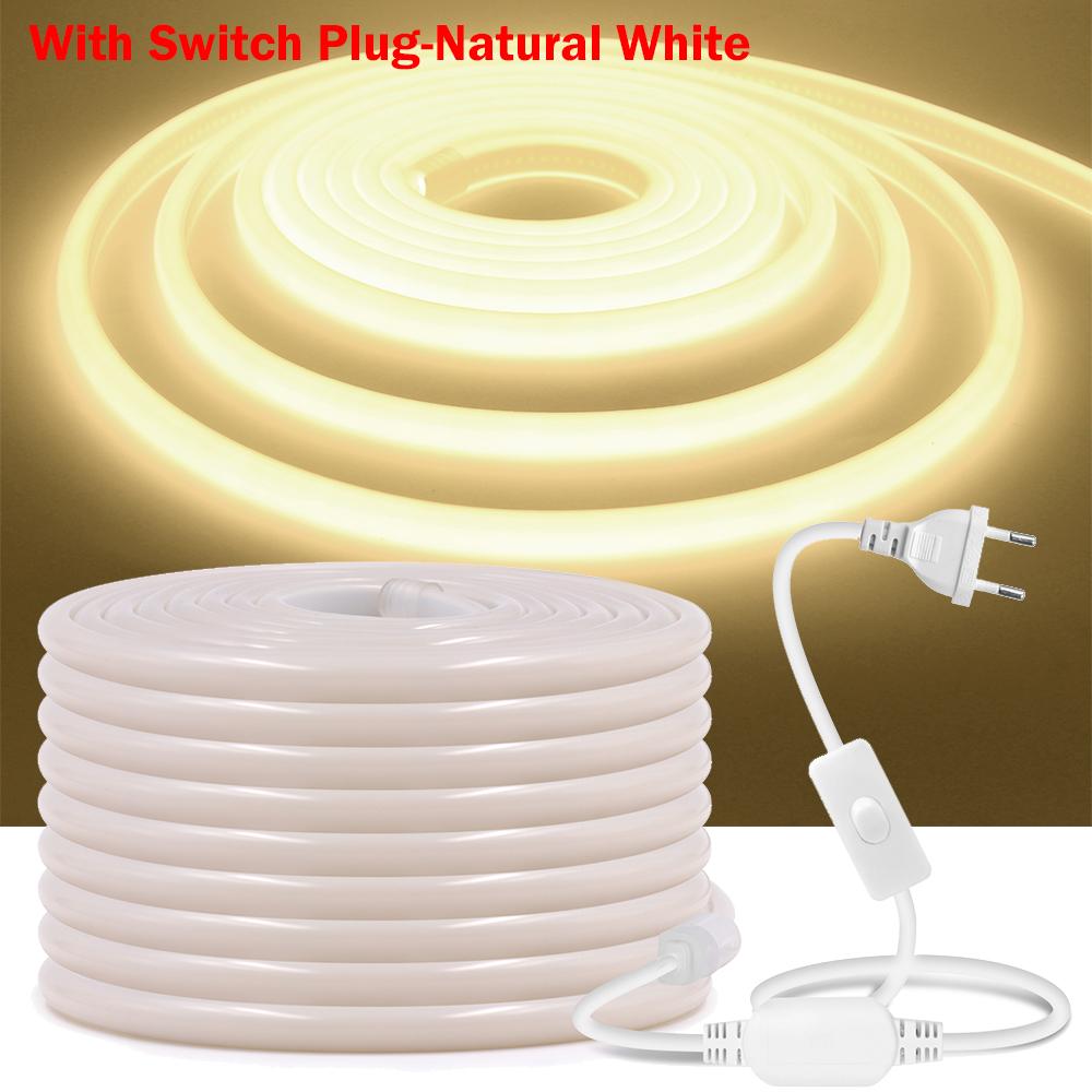 Светодиодная неоновая лента COB 220 В, равномерное свечение 270°, водонепроницаемая, 288 светодиодов/м, гибкая лента с выключателем, вилка ЕС для освещения дома и сада